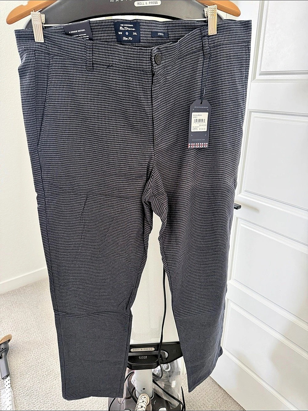Ben Sherman Slim Tonal Houndstooth Pants Gray & Black Waist 36